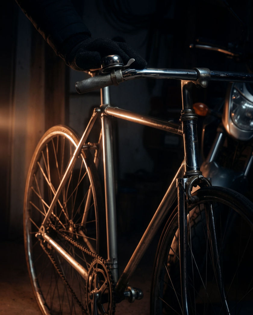 A chrome bicycle bell and handlebar caught in warm low light against a dark ground, a thumb flicking the lever mid-ring