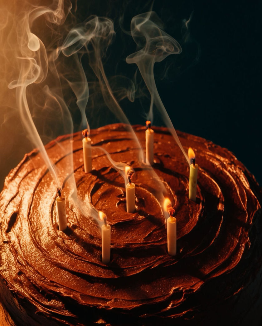 A gold birthday party horn beside a lit candle under one warm low light against a dark ground, the horn mid-blow