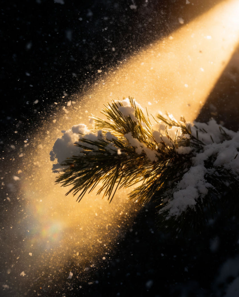 Snow streaking sideways through one warm shaft of low light, driven flakes tearing across a cold dark ground in a hard wind