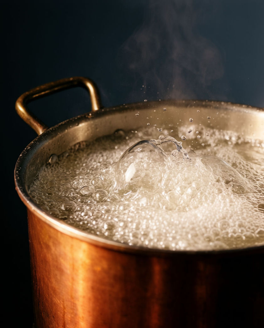 A metal pot at a rolling boil cropped by the frame, bubbles bursting under one warm side light on a dark cool ground