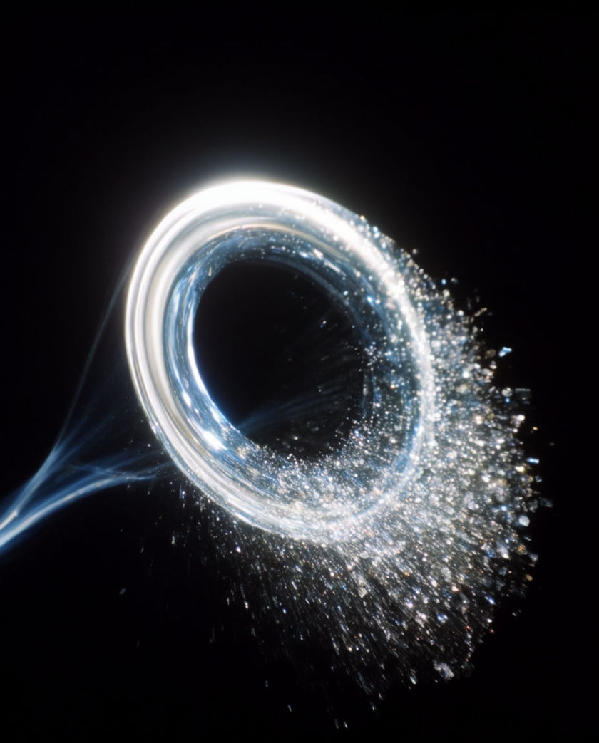 A large gong caught mid-swing toward a mallet under one warm side light against a dark ground, surface rippling