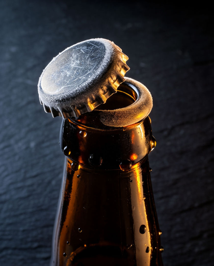 A bottle opener levering a metal cap off a glass bottle under warm low light against a dark ground, cap caught flipping mid-air
