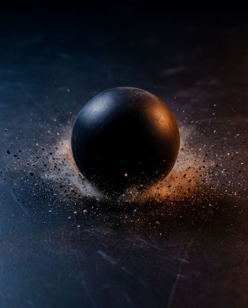 A red rubber ball caught at the instant it squashes against a hard floor mid-bounce, one warm low light raking across a dark ground
