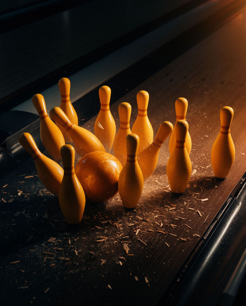 A bowling ball crashing into ten pins mid-scatter under warm low light against a dark lane, pins flying out toward the frame edge