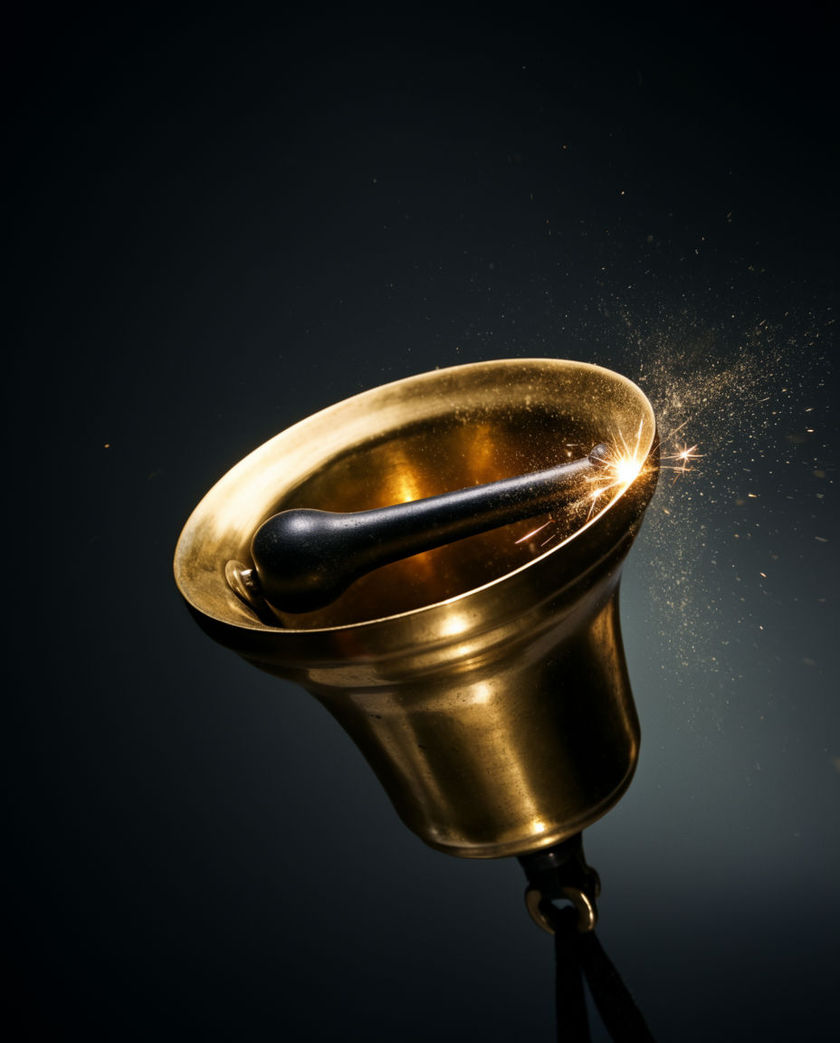A heavy brass boxing ring bell on a dark corner post under warm low light, a mallet caught mid-strike against the rim