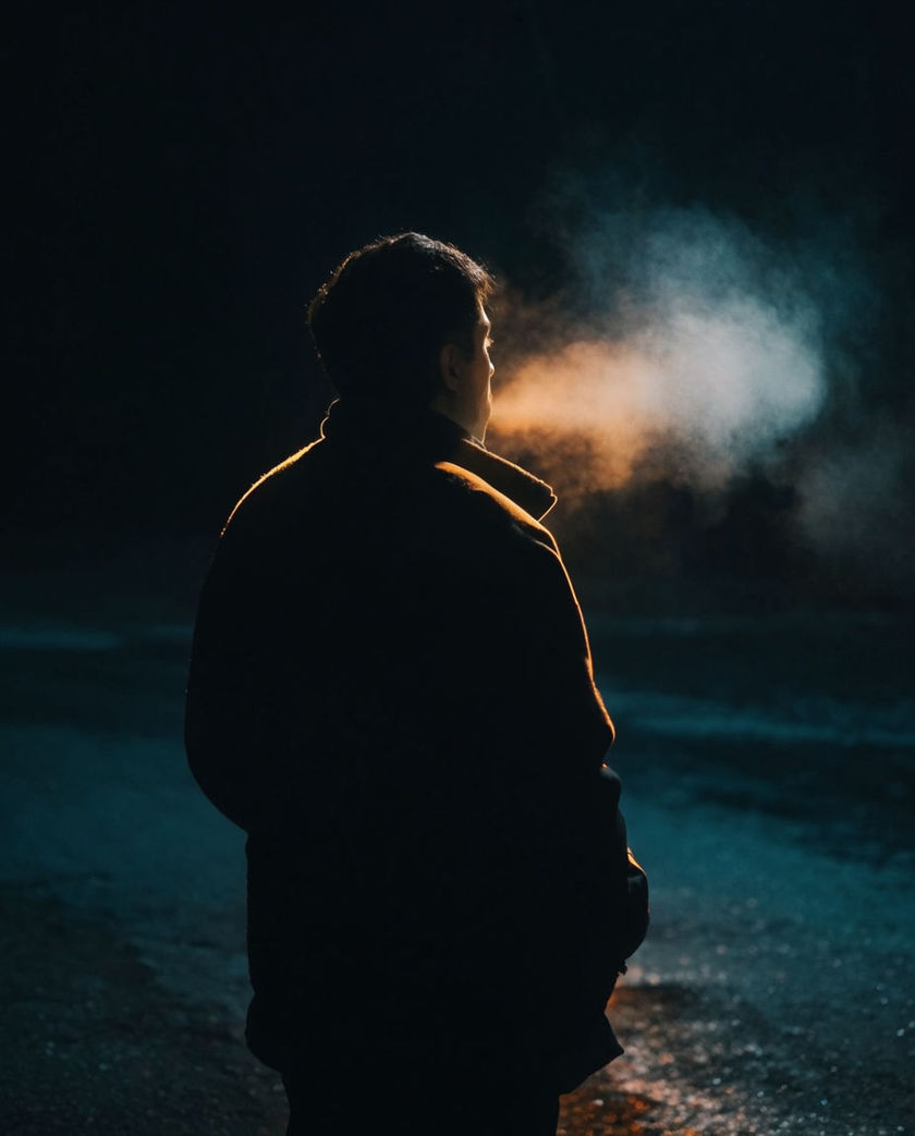 A person seen close in profile under warm low light against a dark ground, chest lifted mid-breath