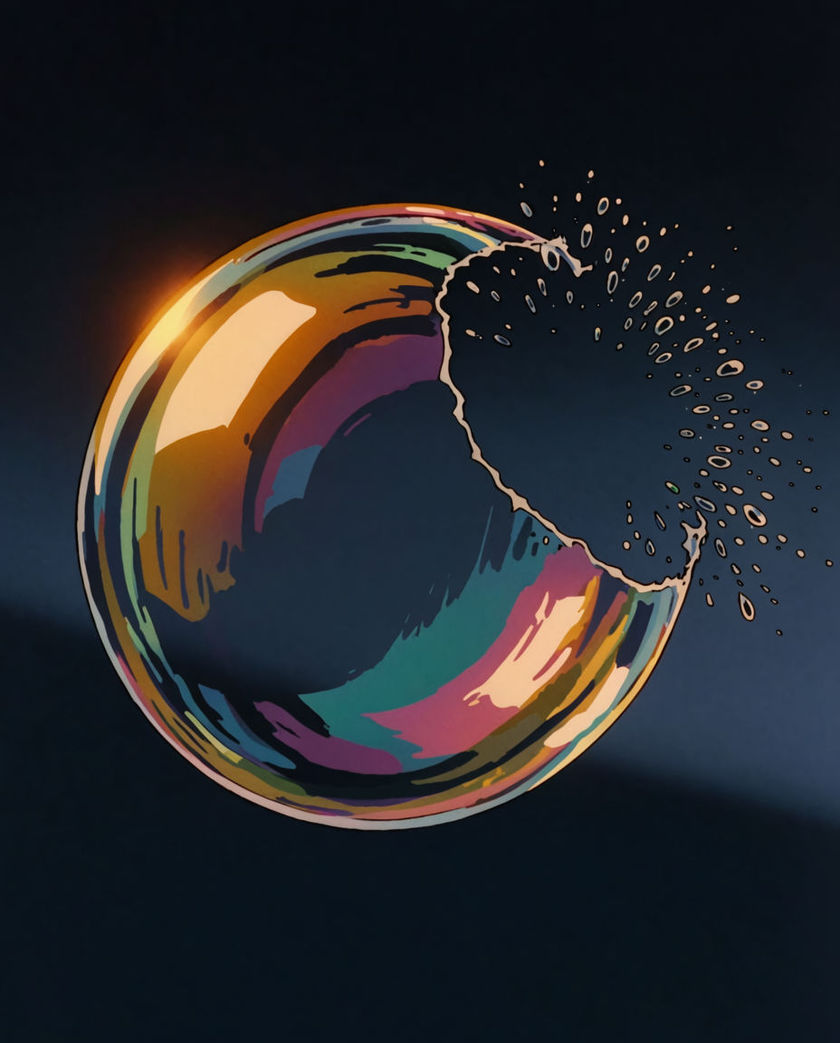 A single soap bubble caught at the instant it bursts, thin film tearing into droplets, lit warm from one side against a dark ground