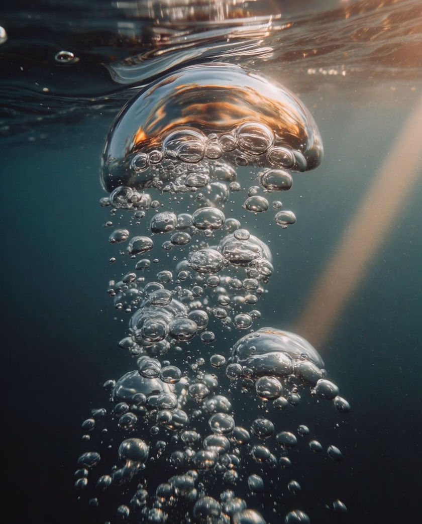 A single fat air bubble rising and breaking the surface mid-burst under warm low light against dark water, ring of ripples spreading from it