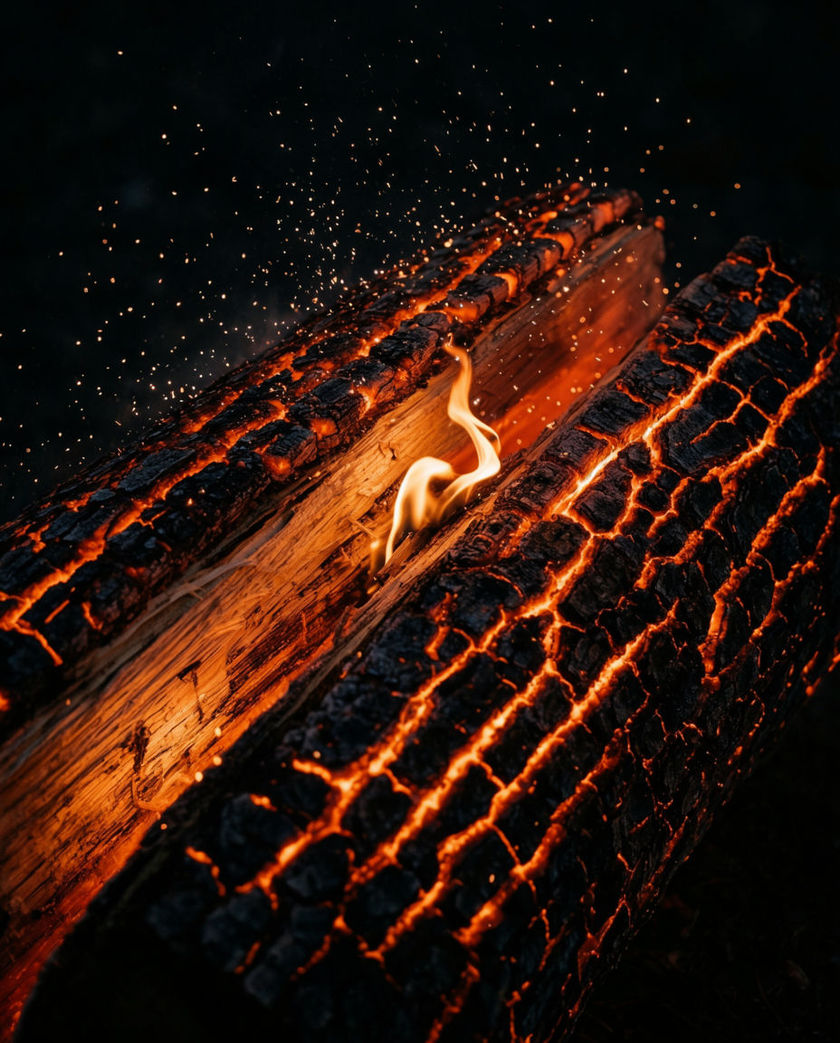 A small campfire filling the frame from a low angle, warm flames lighting glowing logs against dark ground, sparks lifting mid-crackle
