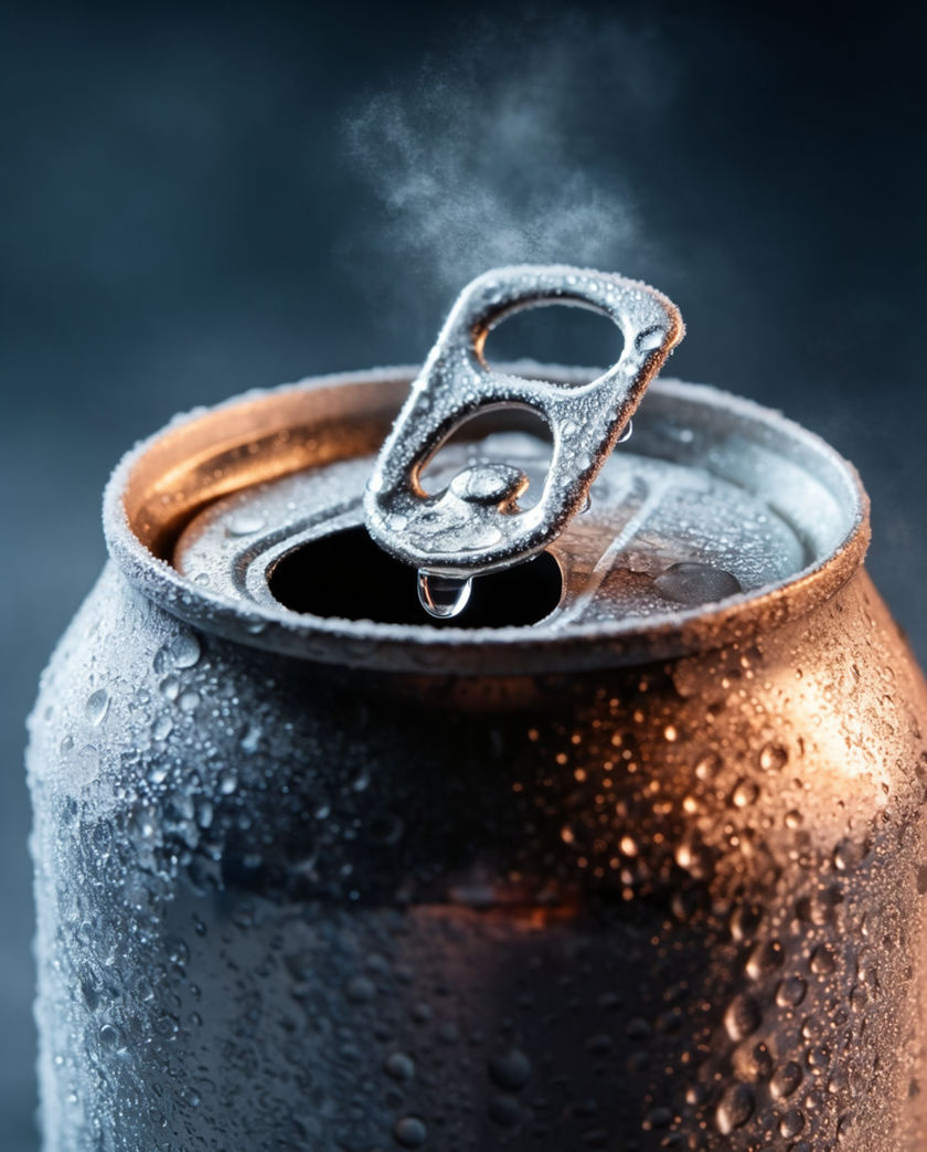 A thumb pressing a drink-can tab under warm low light against a dark ground, the tab caught bending open mid-pop
