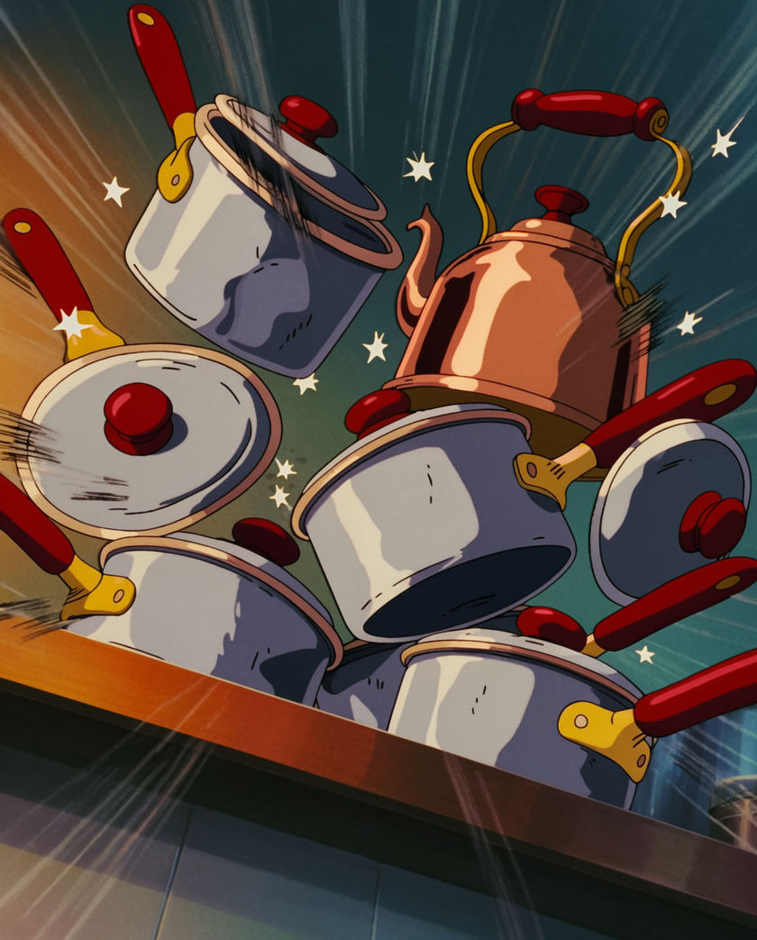 A tumbling stack of metal pots and pans caught mid-collapse, pieces flung outward, lit warm from one side against a dark ground