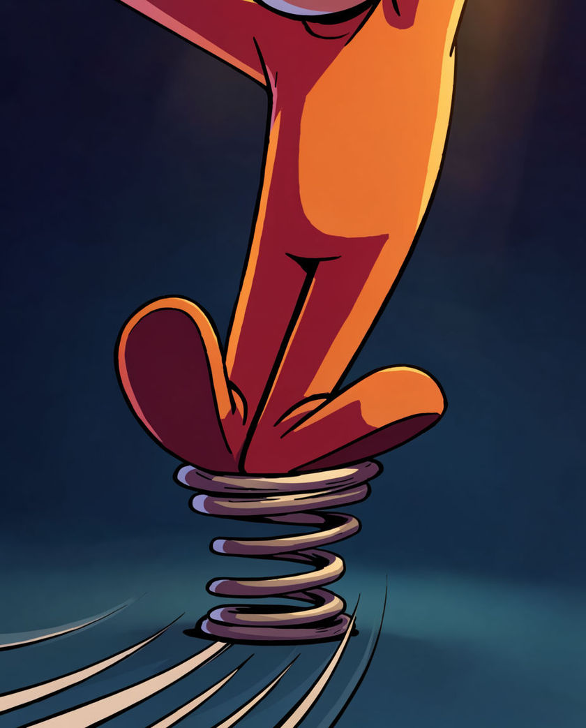 A stretched coiled metal spring lit from one side by warm light against a dark ground, mid-recoil with a faint motion blur at the top
