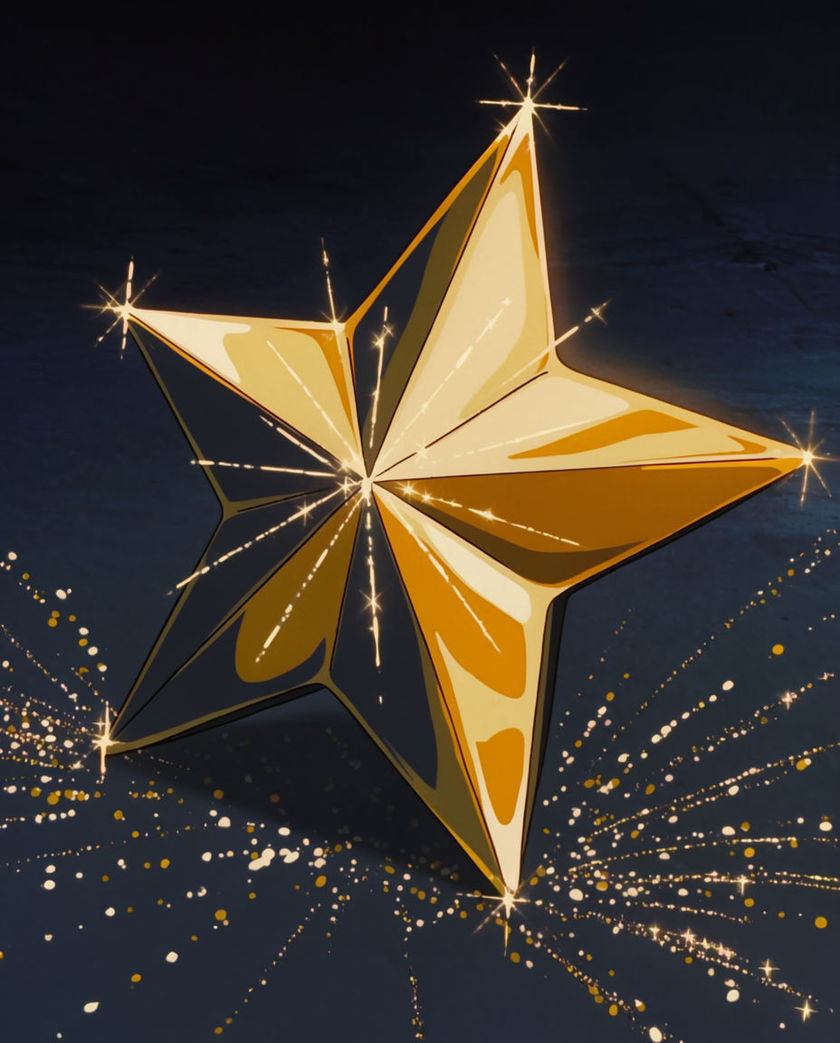 A single bright star-shaped glint flaring off a dark polished surface under one warm light, tiny scattered points of light rising around it