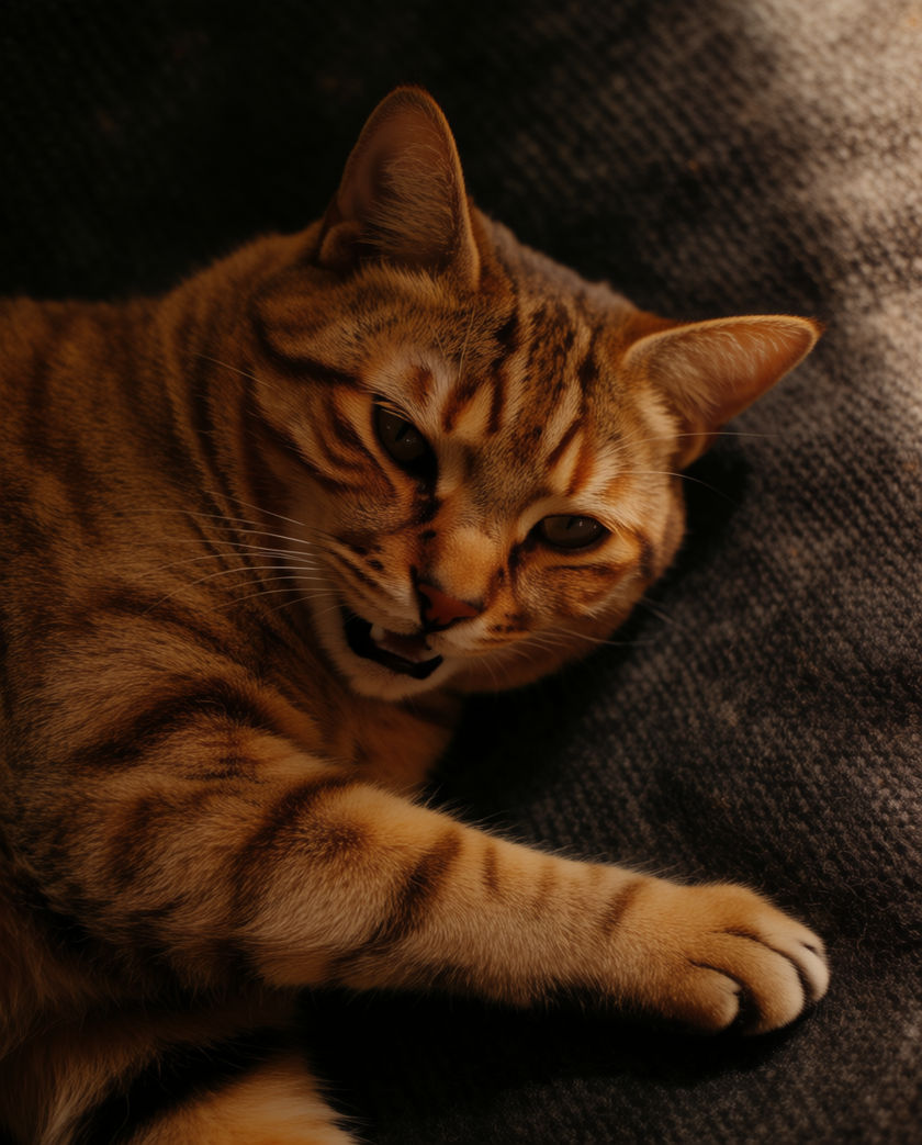 A ginger tabby lying on a dark textured surface, mouth slightly open mid-call