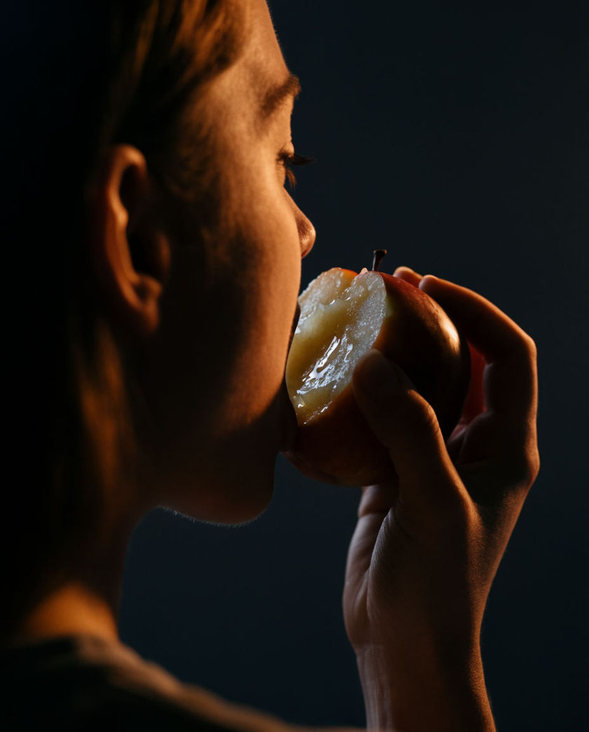 A halved crisp red apple with one bite taken, lit from the side by a single warm light against a dark surface, teeth marks fresh
