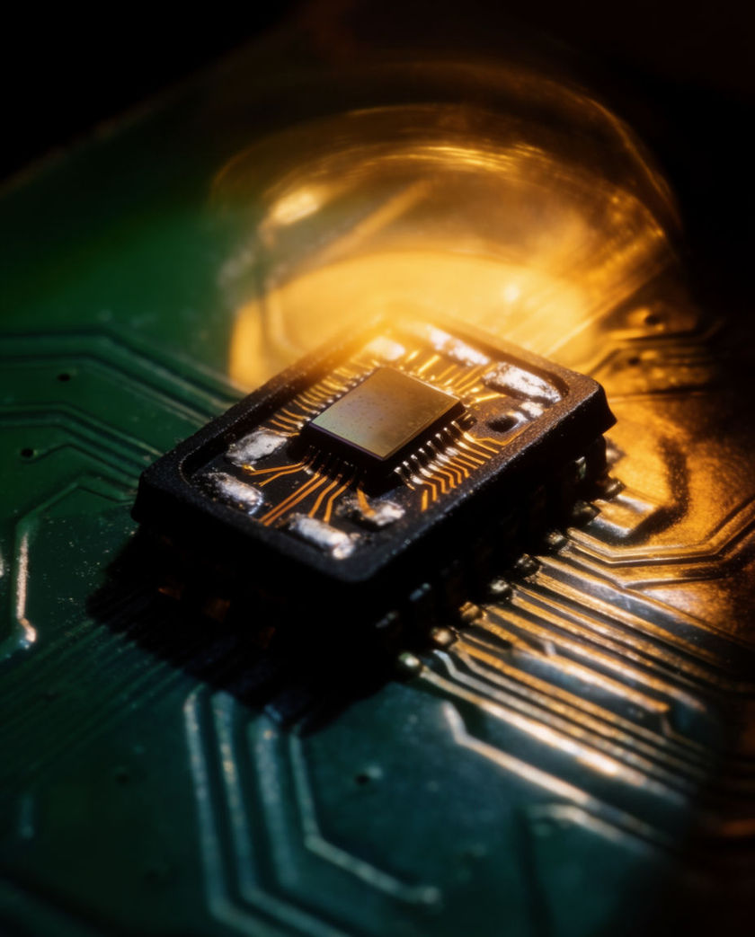 A close angled macro shot of a vintage sound chip on a circuit board under warm low light against a cool dark ground, a small indicator LED glowing bright as it plays