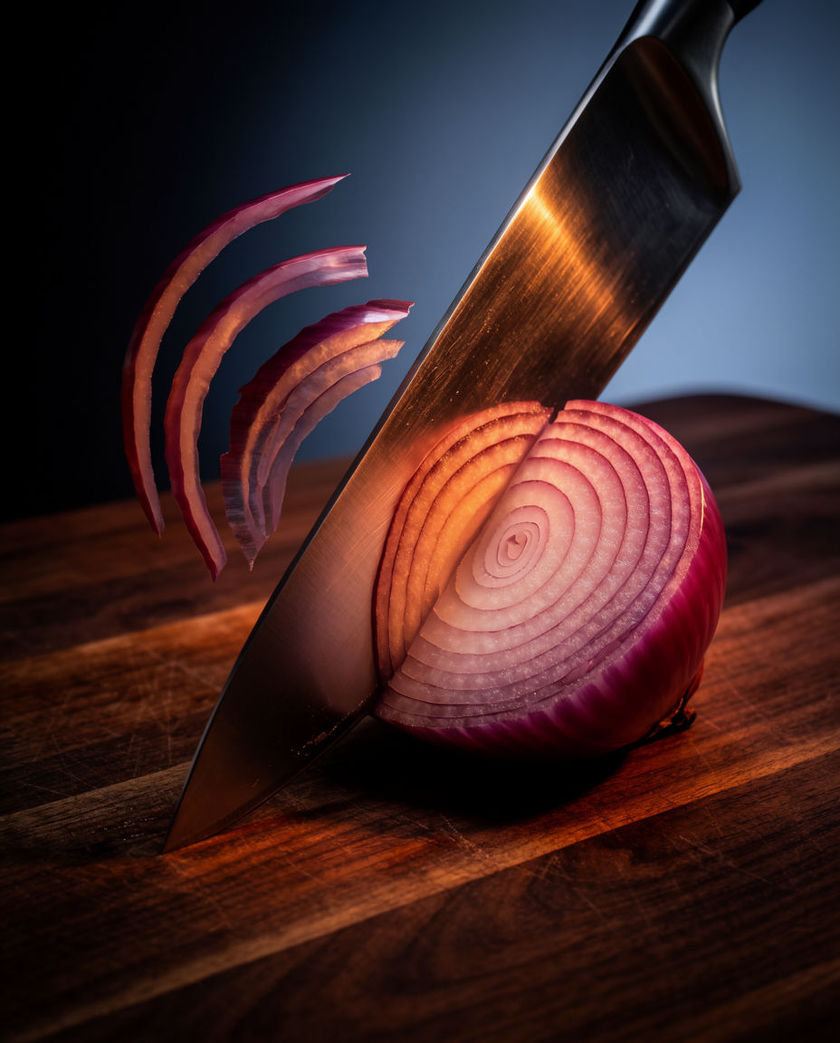 A chef knife mid-cut on a wooden board cropped by the frame, blade catching one warm side light on a dark cool ground