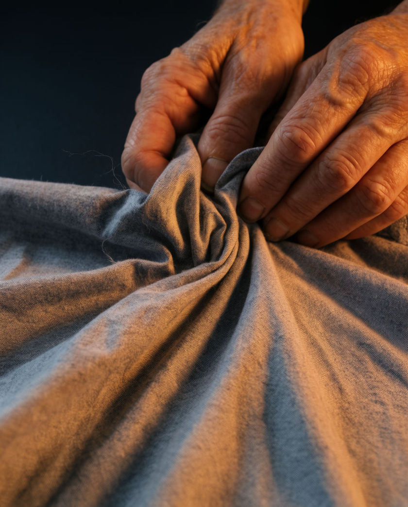 Warm folded fabric mid-motion filling the frame from a low off-axis angle, one directional light raking the creases against a dark ground