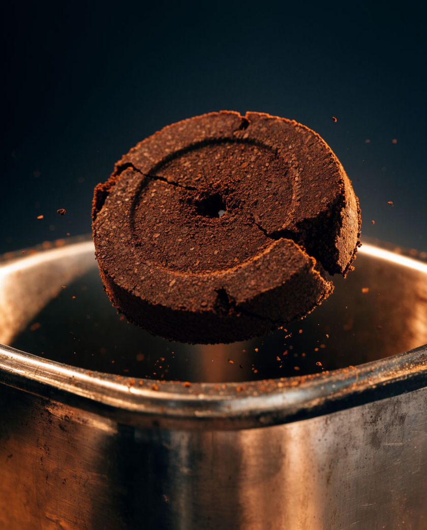 A chrome espresso machine portafilter under warm low light against a dark ground, crema streaming into a cup mid-pour