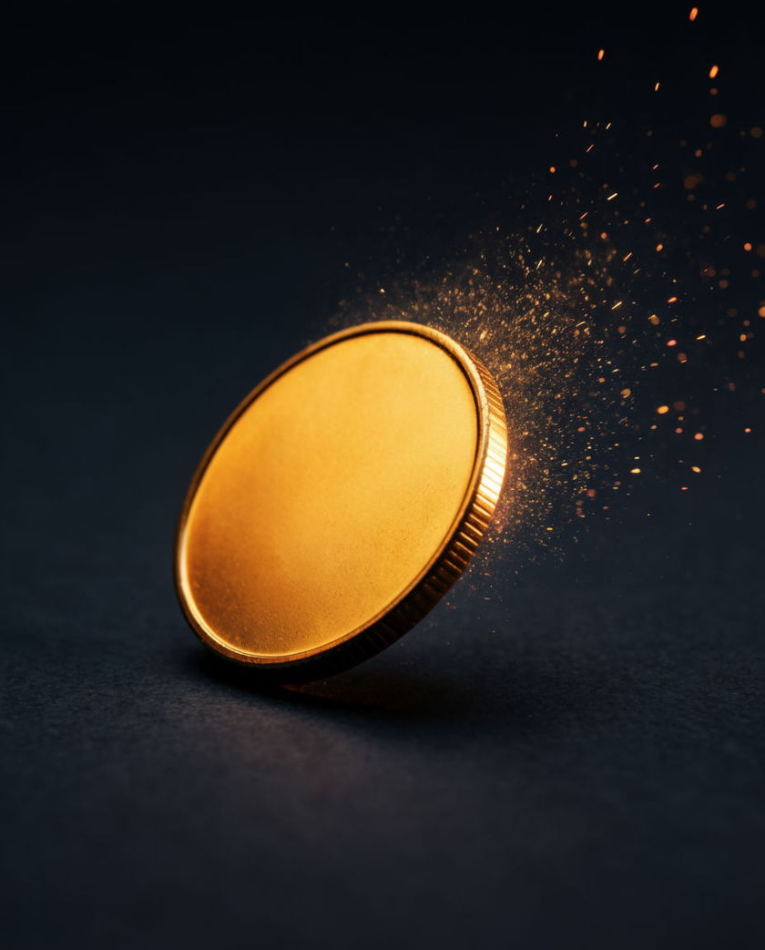 A single gold coin spinning on its edge on a dark stone surface, caught mid-ring under one warm side light from a low angle