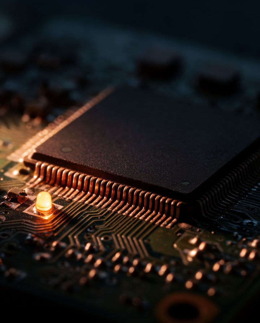 A dark computer chip and circuit board lit by one warm side light with a single glowing indicator, seen from a low off-axis angle
