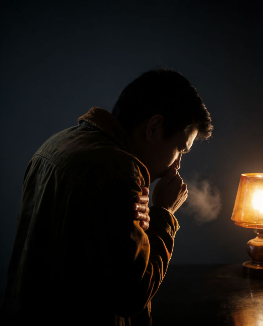 A person raising a fist to their mouth under warm low light against a dark ground, shoulders tensed mid-cough