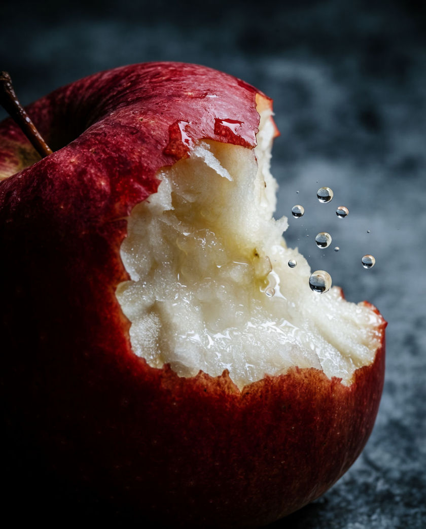 A red apple bitten into under warm low light against a dark ground, a chunk breaking away with juice caught mid-crunch