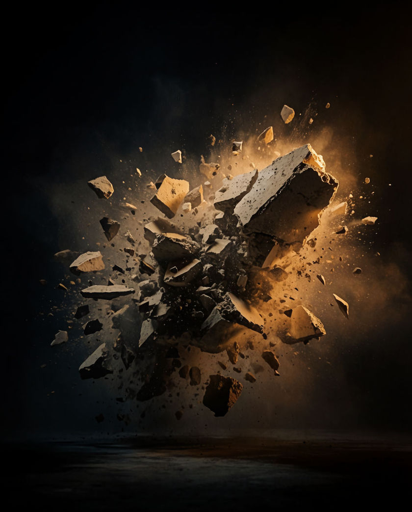 A pile of broken concrete and stone caught mid-fall under a warm raking light against a dark ground, dust lifting off it