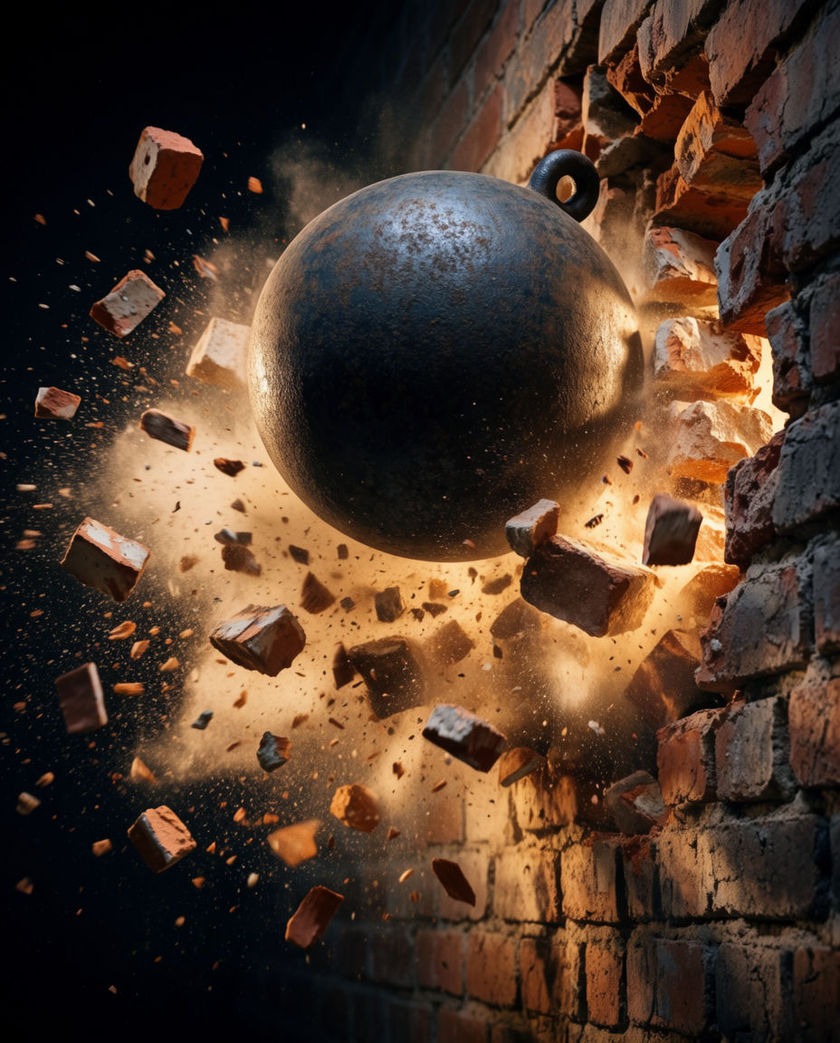 A brick wall bursting apart mid-collapse under a warm hard side light against a dark ground, bricks and dust flung outward