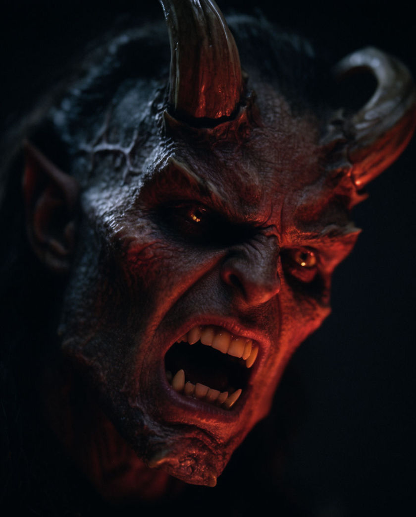 A horned demonic face lit from below by warm red light against a cold black ground, jaw parted mid-growl