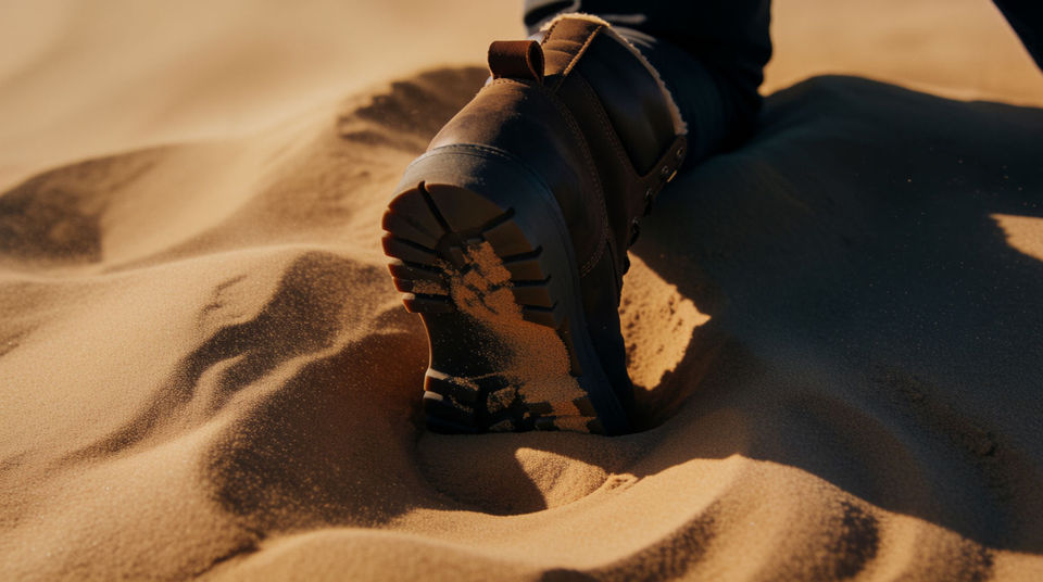 A boot lands in dry sand