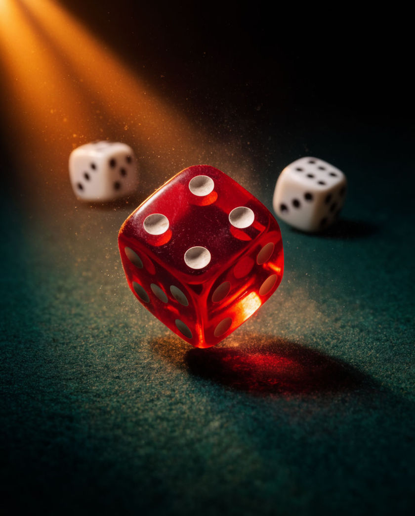 Two white dice caught mid-tumble on dark felt under one warm raking light, edges lit against the cool ground