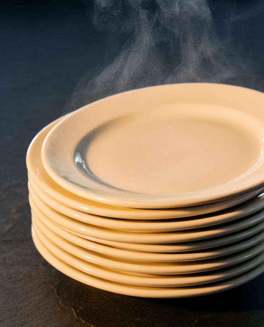 A stack of ceramic plates catching a bright rim highlight under warm low side light against a dark ground, top plate mid-clink