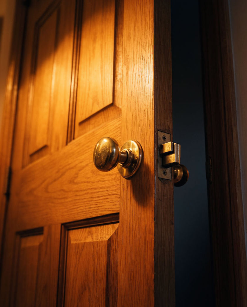 A wooden door swinging toward its frame under warm low side light against a dark ground, caught the instant before the latch meets the strike plate