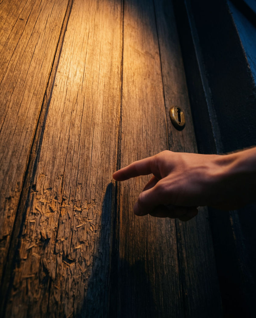 A closed fist raised to a wooden door panel under warm low side light against a dark ground, knuckles caught the moment before contact