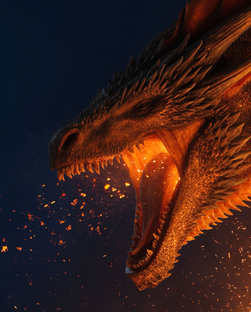 A scaled dragon head in three-quarter profile, jaws parting mid-roar, one warm light raking its snout against a dark ground
