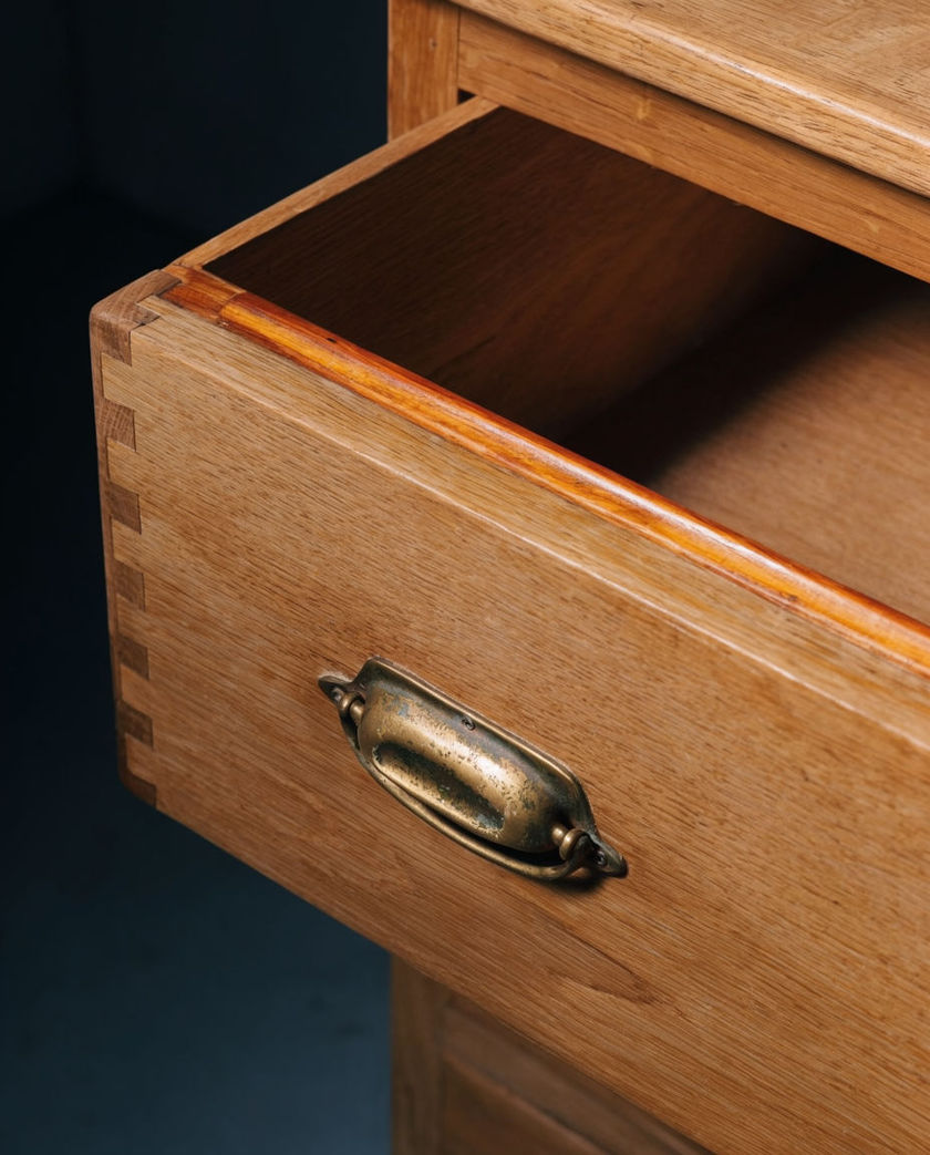 A wooden dresser drawer pulled half open, seen from a low off-axis angle under warm side light against a dark ground, caught mid-slide