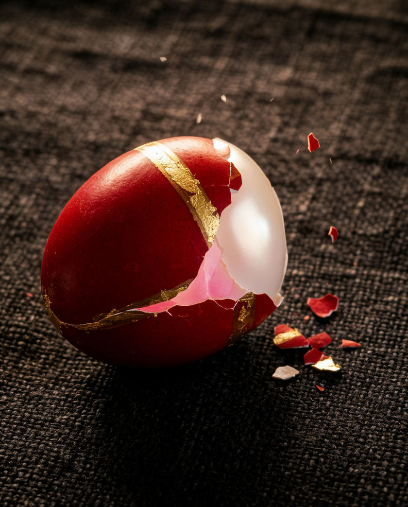 A cracked pastel Easter egg with a small chick beside it under one warm low light against a dark ground, the shell splitting