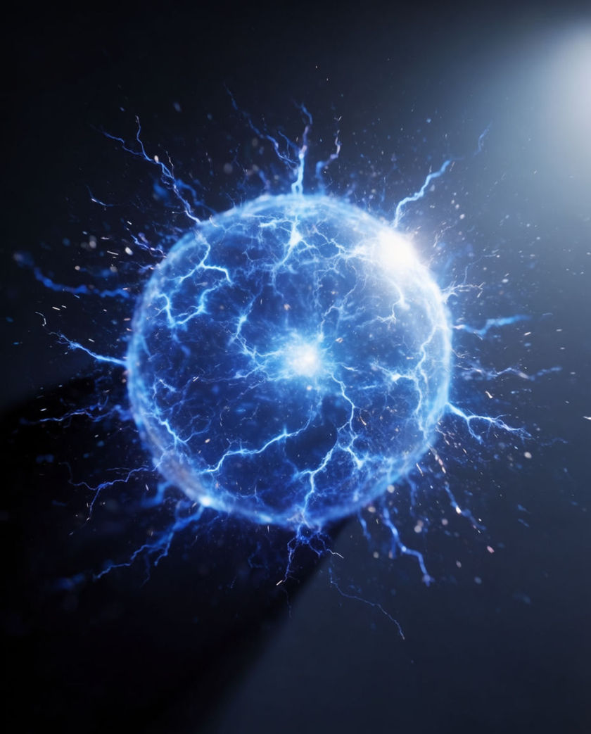 A glowing coil core at a low three-quarter angle, one warm charge-light blooming at its centre against a dark ground
