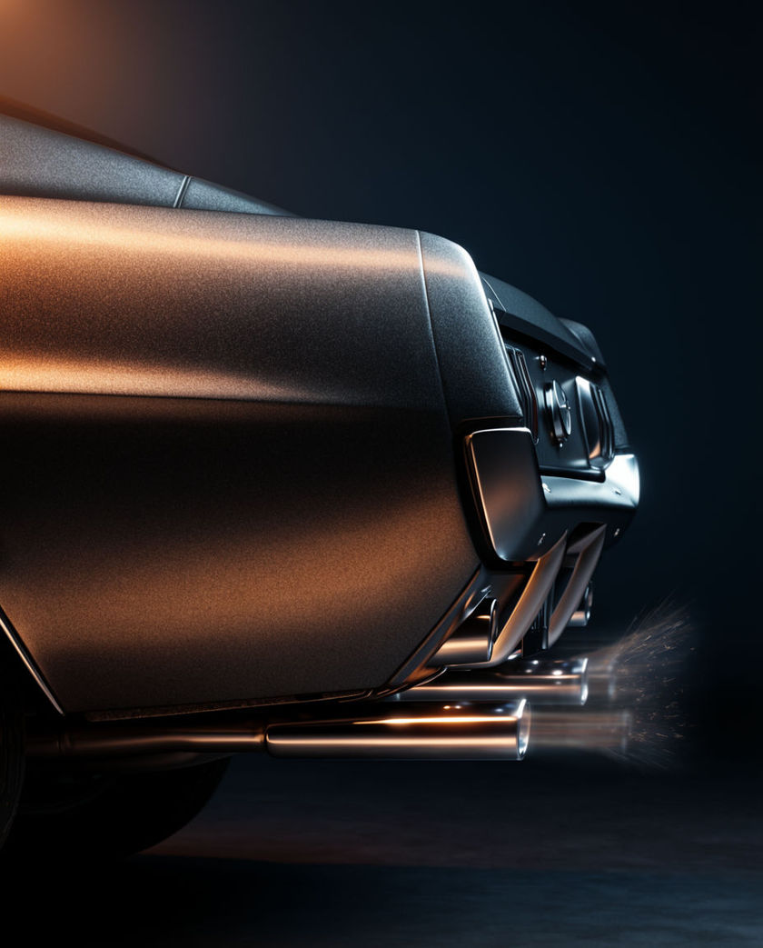 A chrome exhaust tailpipe close and off-axis under one warm light on a dark ground, a burst of heat haze blurring the air as the engine revs