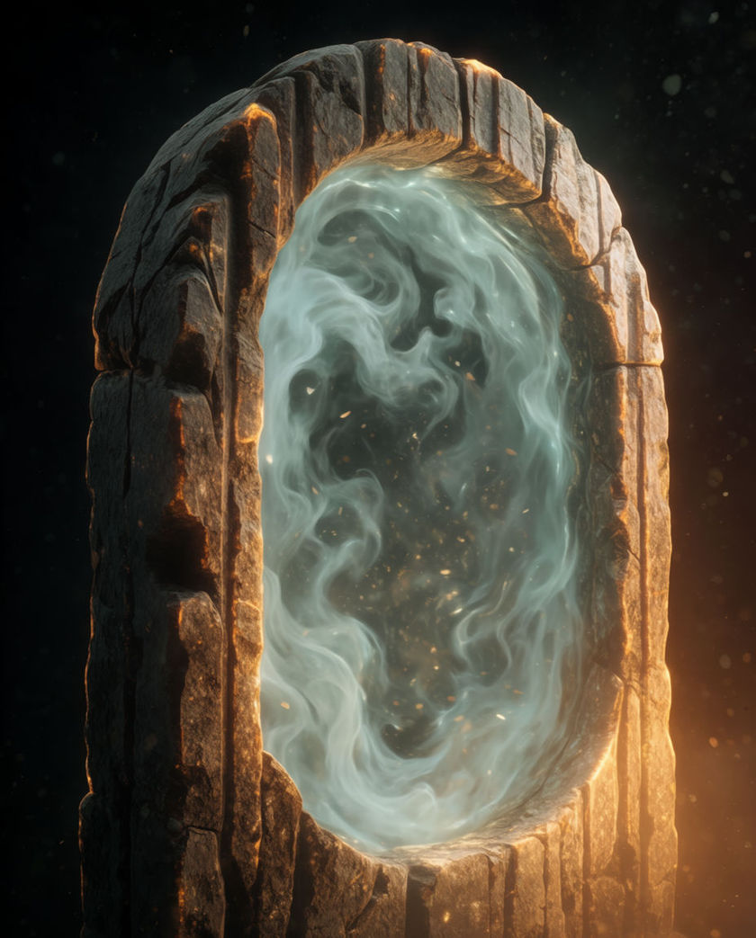 A glowing rune-carved stone arch tilted off-axis under warm low light against a dark ground, motes of light drifting through the opening