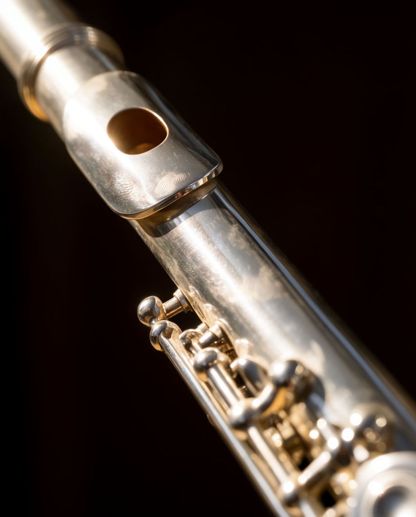 A silver concert flute held at a low angle under one warm side light against a dark ground, keys catching the glow mid-note