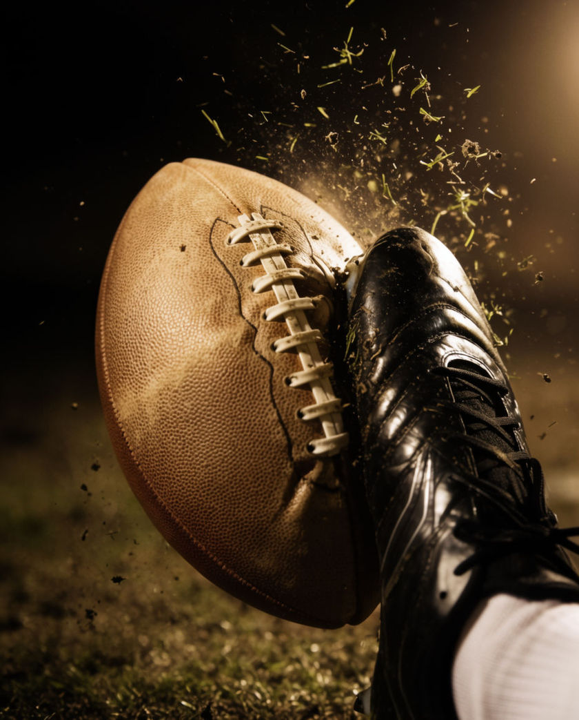 A leather football spiraling off a foot mid-kick under warm low light against a dark field, grass flicking up at the impact