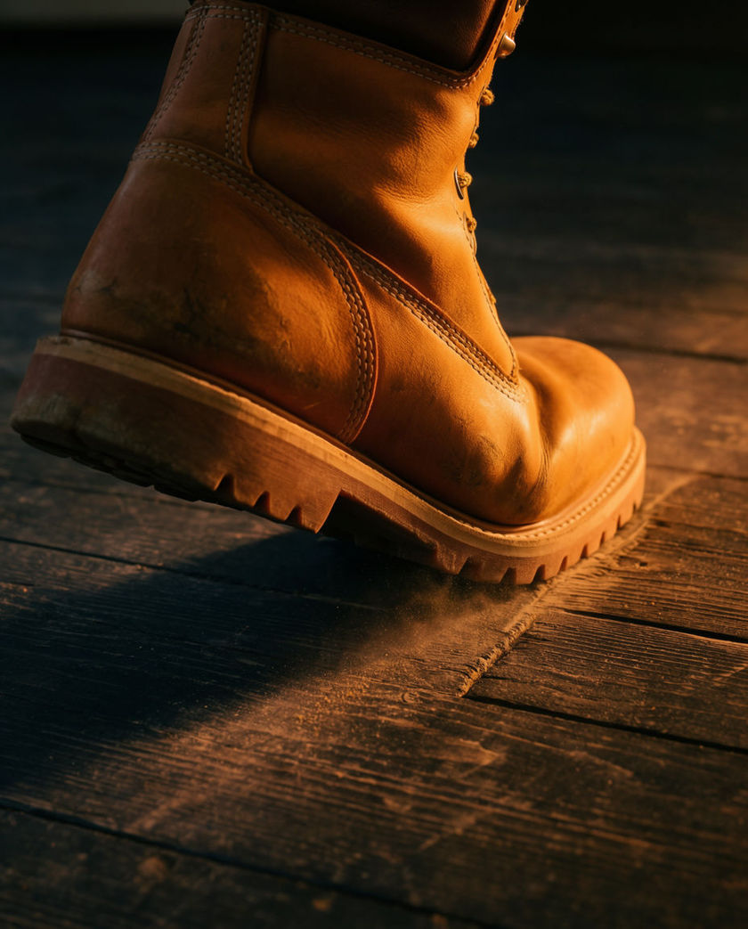 A worn leather boot pressing into a floorboard mid-step, filling the frame from a low off-axis angle with one warm directional light against a dark ground
