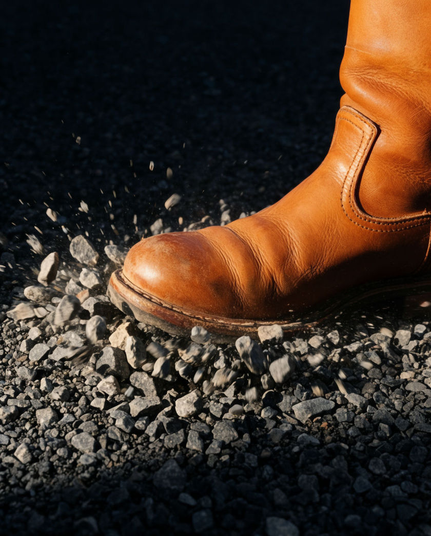 A boot pressing into loose grey gravel under warm low raking light against a dark ground, stones scattering mid-step