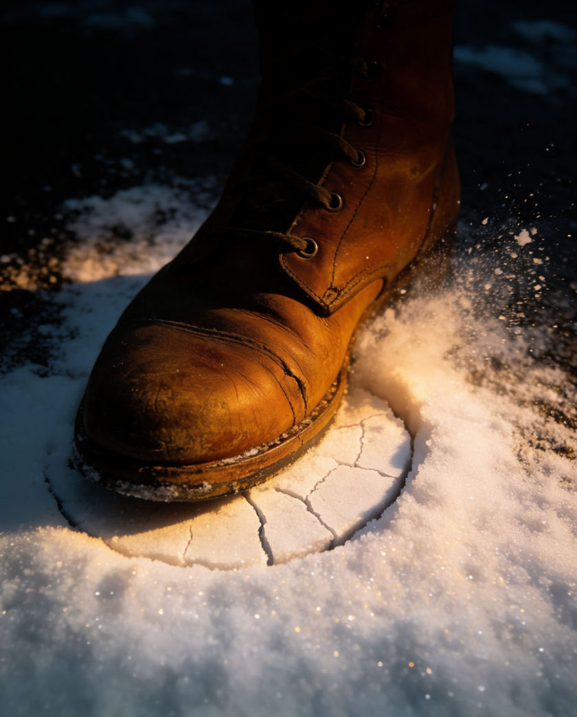 A boot pressing into crisp white snow under warm low raking light against a dark ground, snow compressing mid-step