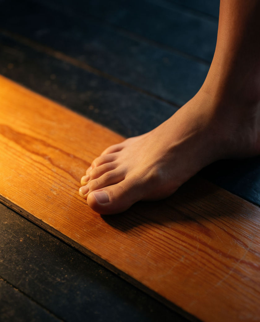 A shoe pressing on a worn wooden floorboard under warm low raking light against a dark ground, board flexing mid-step