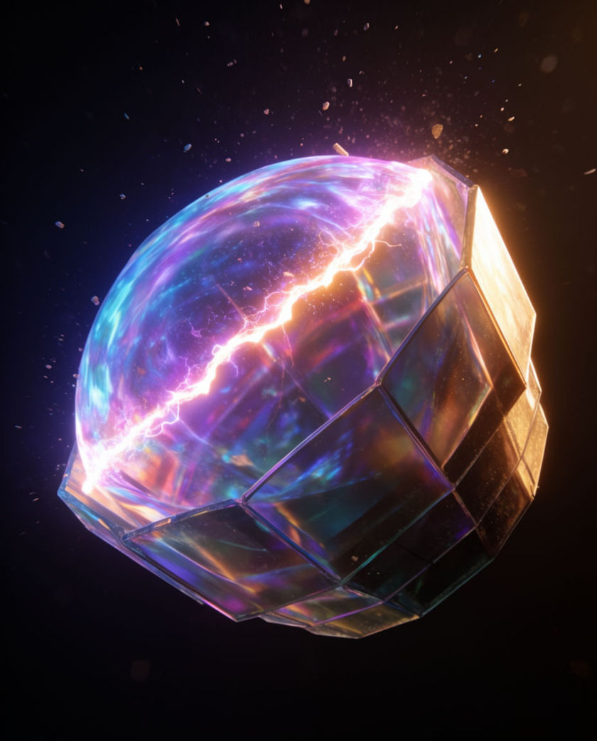 A glowing hexagonal energy barrier seen at a low angle, warm crackling shield surface against a dark cool ground