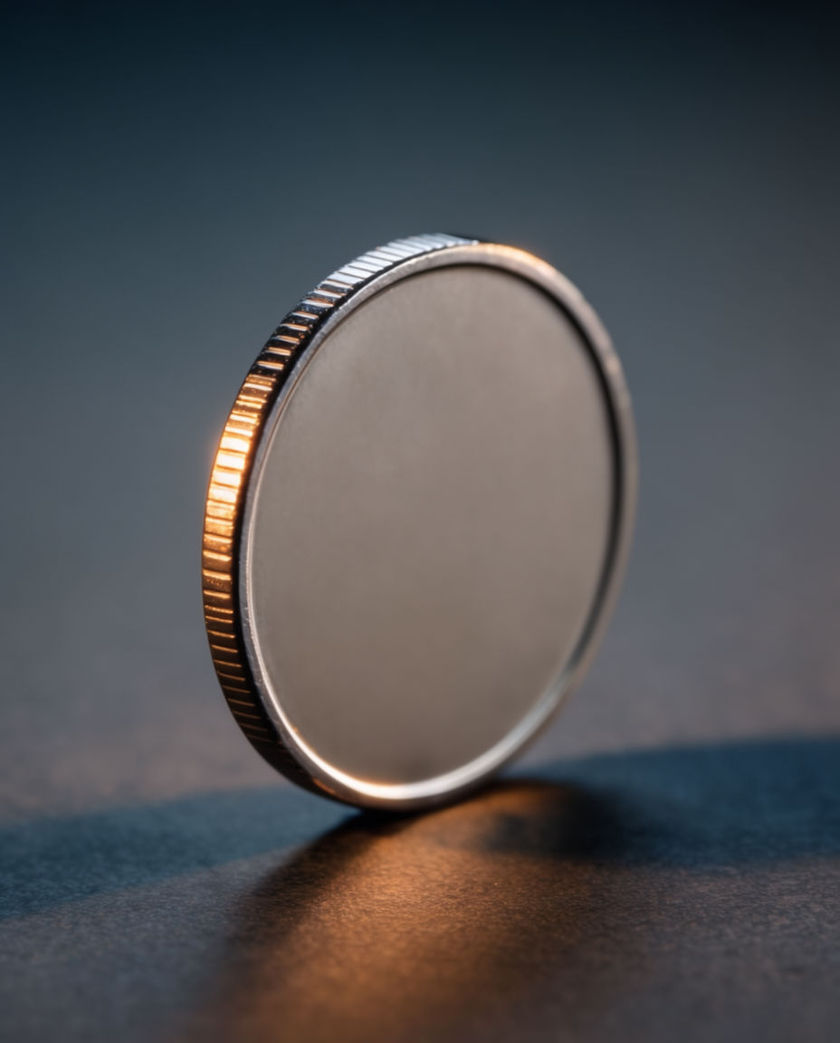 A spinning coin caught dead still on its edge under warm low light against a dark ground, motion blur stopped mid-turn