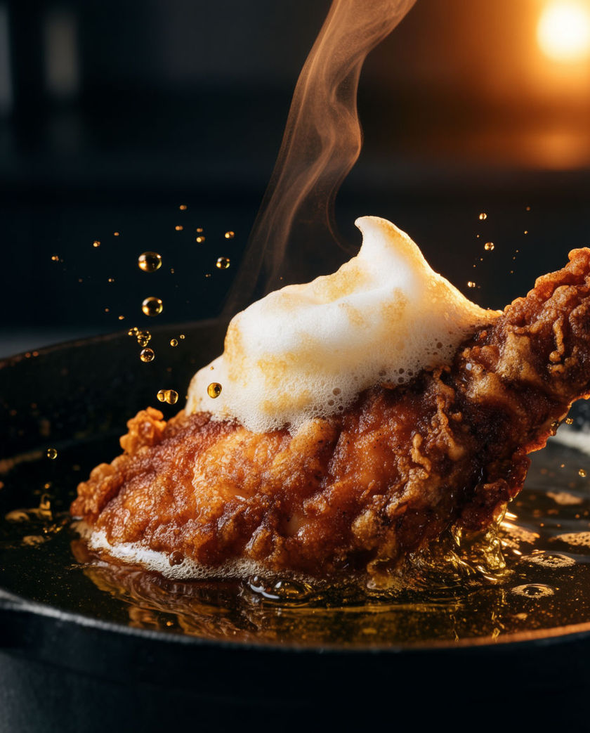 Food bubbling in a deep fryer basket cropped by the frame, oil roaring under one warm side light on a dark cool ground